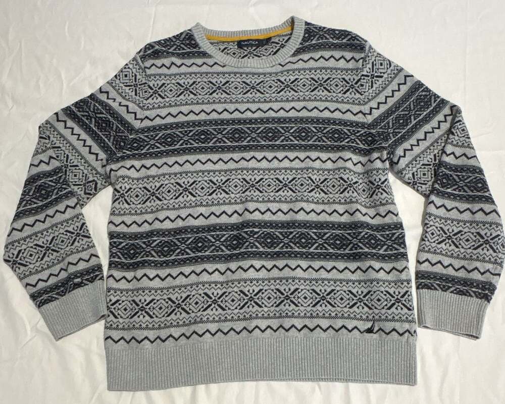 Nautica Jacquard Sweater Size L Grey Black Fair Isle Pullover Cotton